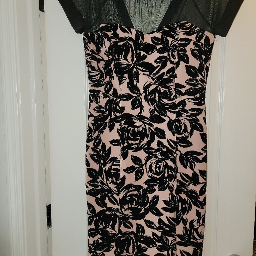 Dress with mesh top velveety black floral design
